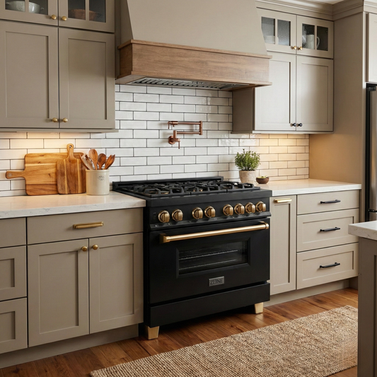 ZLINE Autograph Edition 36 in. 4.6 cu. ft. Dual Fuel Range in Black Stainless Steel with Polished Gold Accents (RABZ-36-G)