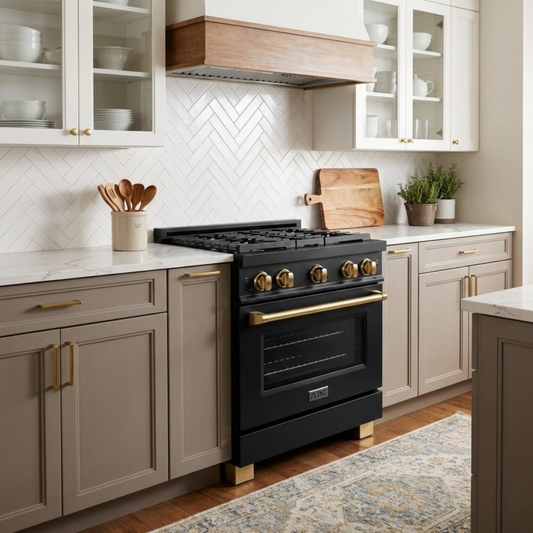 ZLINE Autograph Edition 30 in. 4.2 cu. ft. Paramount Gas Range with Convection Gas Oven, Black Stainless Steel with Champagne Bronze Accents (SGRBZ-30-CB)