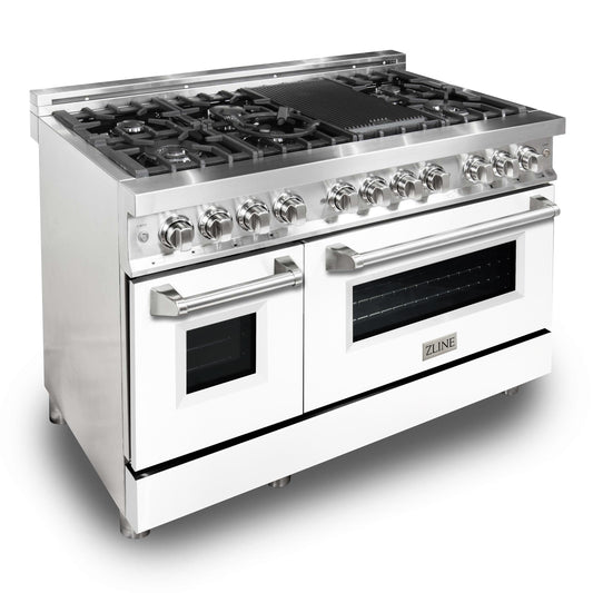 ZLINE 48-Inch Dual Fuel Range with Gas Cooktop, Electric Oven, Griddle, 6.0 cu. ft., White Matte Door, Stainless Steel (RA-WM-GR-48)