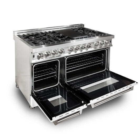 ZLINE 48-Inch Dual Fuel Range with Gas Cooktop, Electric Oven, Griddle, 6.0 cu. ft., White Matte Door, Stainless Steel (RA-WM-GR-48)