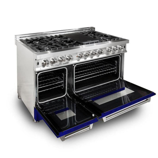 ZLINE 48 in. 6.0 cu. ft. Dual Fuel Range with 7 Gas Burners and Electric Convection Oven in Stainless Steel with Blue Gloss Door (RA-BG-48)