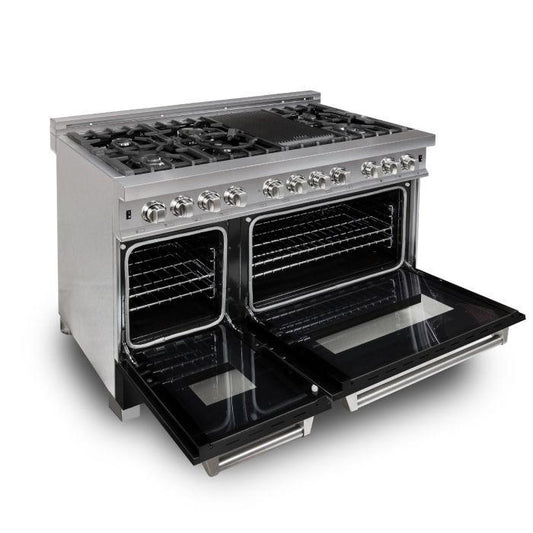 ZLINE 48 in. Legacy Dual Fuel Range with 7 Gas Burners and Double Electric Ovens, 6.0 cu. ft., Satin Stainless Steel with Black Matte Doors (RAS-BLM-48)