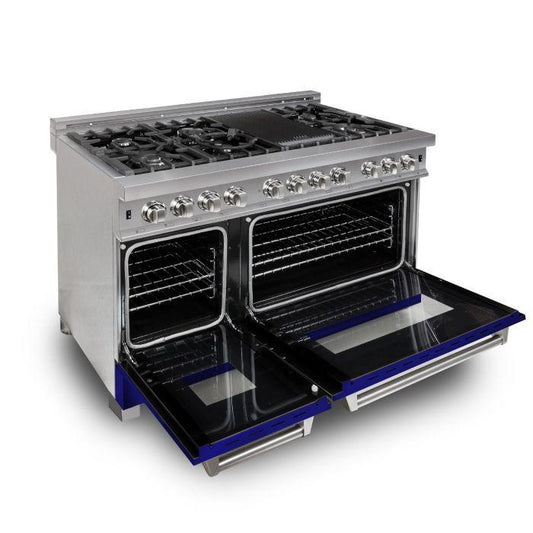 ZLINE 48 in. 6.0 cu. ft. Legacy Dual Fuel Range with 7 Burner Gas Cooktop and Double Electric Ovens in Satin Stainless Steel with Blue Matte Doors (RAS-BM-48)