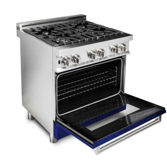 ZLINE 30" Professional Dual Fuel Range with 4 Gas Burners and Electric Convection Oven in Stainless Steel with Blue Gloss Door (RA-BG-30)