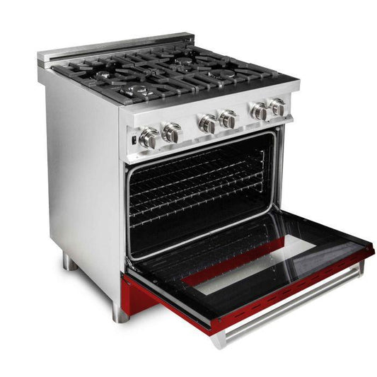 ZLINE 30" Professional Dual Fuel Range with 4 Gas Burners and Electric Oven in Stainless Steel with Red Gloss Door (RA-RG-30)