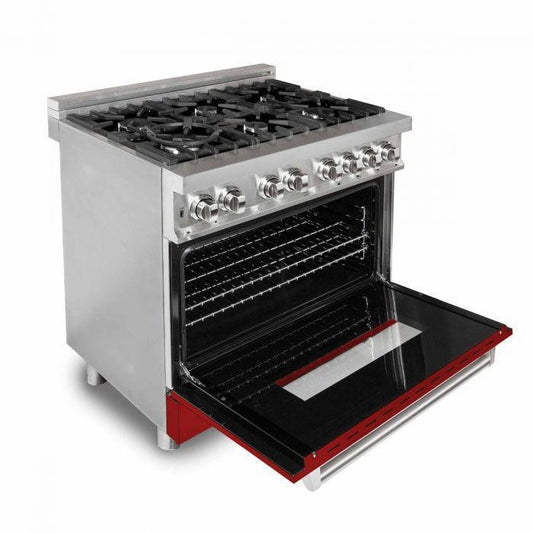 ZLINE 36" Professional Dual Fuel Range with 6-Burner Gas Cooktop and Electric Convection Oven in Stainless Steel with Red Gloss Door (RA-RG-36)