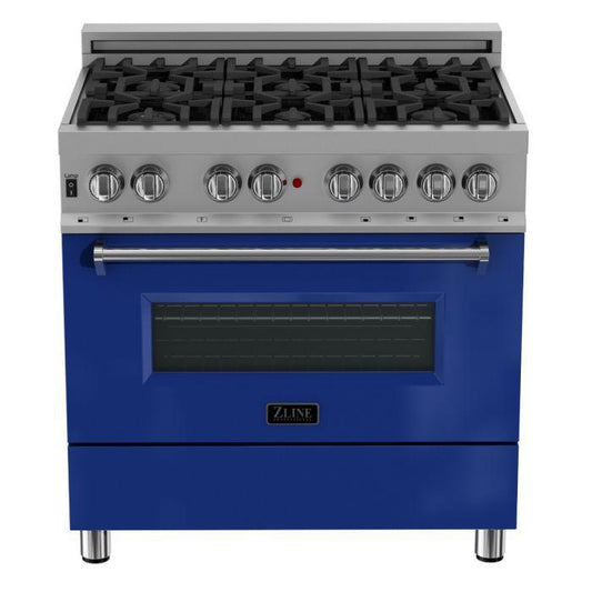 ZLINE 36 in. Legacy Dual Fuel Range, 4.6 cu. ft., 6 Burner Gas Cooktop, Electric Convection Oven, Satin Stainless Steel with Blue Gloss Door (RAS-BG-36)