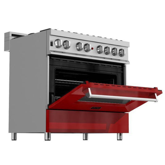 ZLINE Legacy 36" Dual Fuel Range, 4.6 cu. ft., 6-Burner Gas Cooktop, Electric Convection Oven, Satin Stainless Steel with Red Gloss Door (RAS-RG-36)