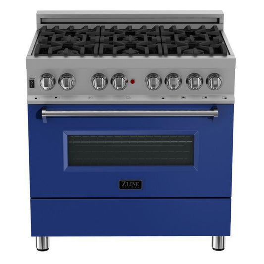 ZLINE 36-Inch Legacy Dual Fuel Range, 4.6 cu. ft., 6 Burner Gas Cooktop with Electric Convection Oven, Satin Stainless Steel with Blue Matte Door, Model RAS-BM-36
