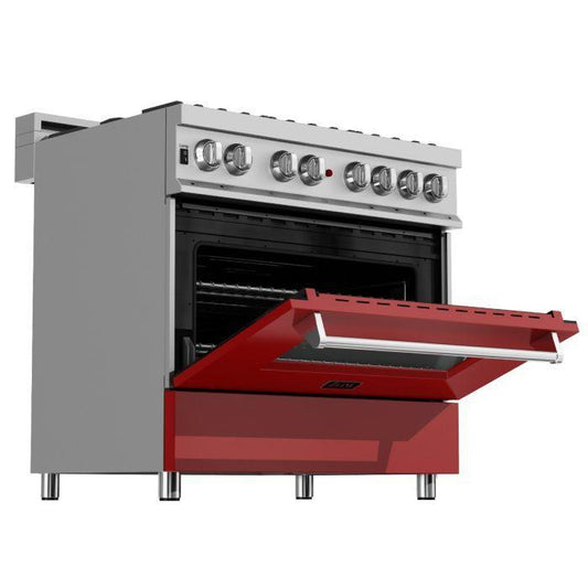 ZLINE 36 in. Legacy Dual Fuel Range, 4.6 cu. ft., 6 Burner Gas Cooktop, Electric Convection Oven, Satin Stainless Steel with Red Matte Door (RAS-RM-36)