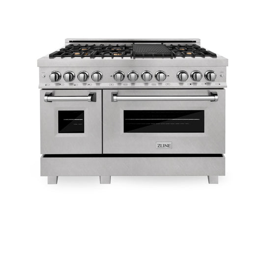 ZLINE 48 in. 6.0 cu. ft. Legacy Dual Fuel Range with 6 Brass Burners and Griddle, 2 Electric Ovens, Satin Stainless Steel (RAS-SN-BR-GR-48)