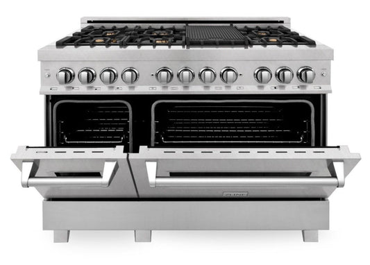 ZLINE 48 in Dual Fuel Range with 6 Sealed Brass Burners, Double Electric Convection Ovens, Satin Stainless Steel Door, 6.0 cu. ft. Total Capacity (RAS-SN-BR-48)